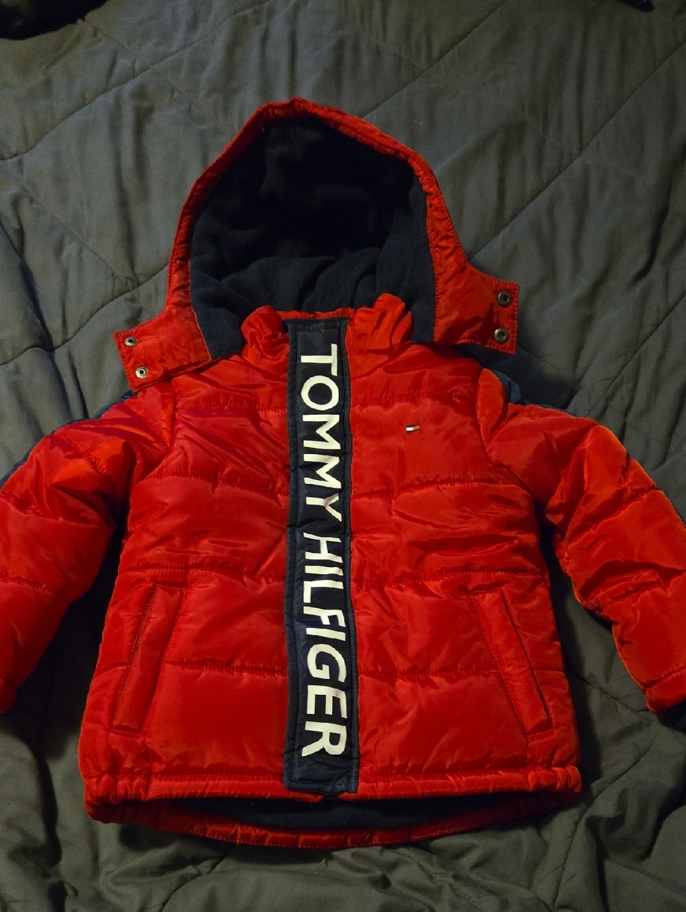 Tommy Hilfiger Red Quilted Hooded Jacket with Vertical Logo
